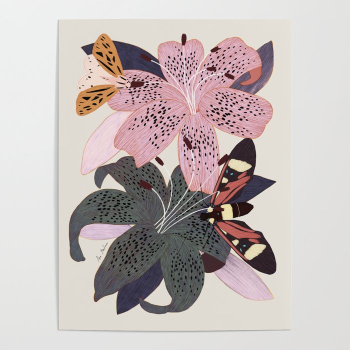 Lilies and butterflies insects Poster