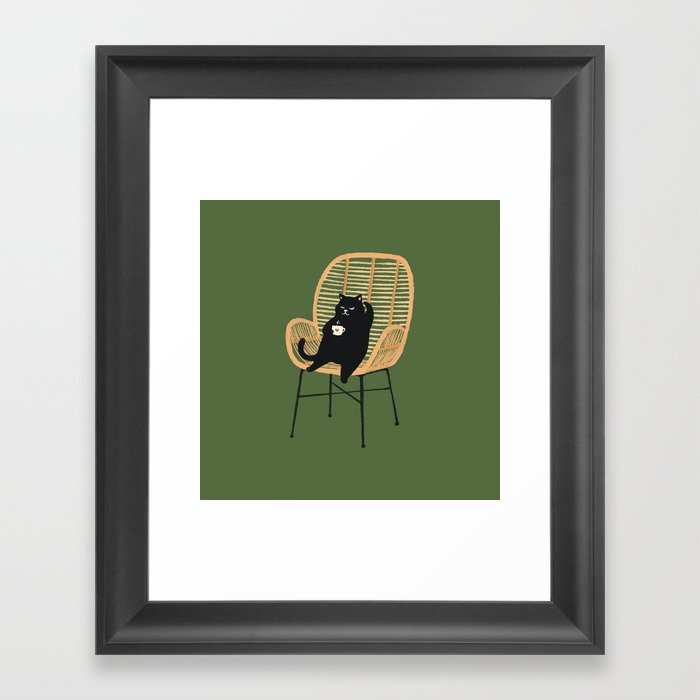 Lazy cat 2b Green enjoy coffee on rattan chair  Framed Art Print