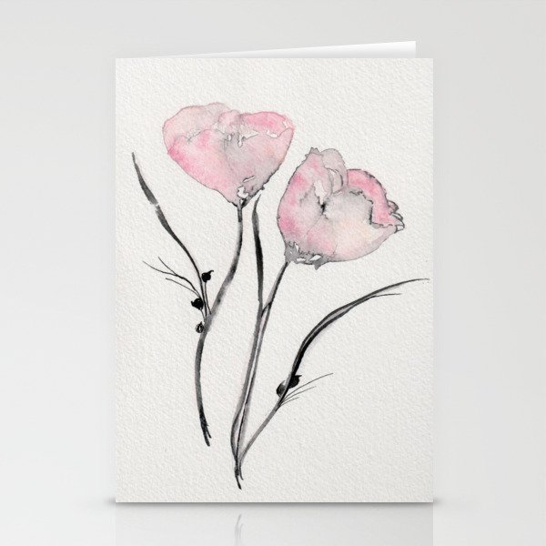 Pastel Pink and Black Ink Tulip Poppy Style Loose Watercolor Flowers Stationery Cards