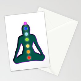 Meditating woman with aura colors and chakra symbols	 Stationery Card