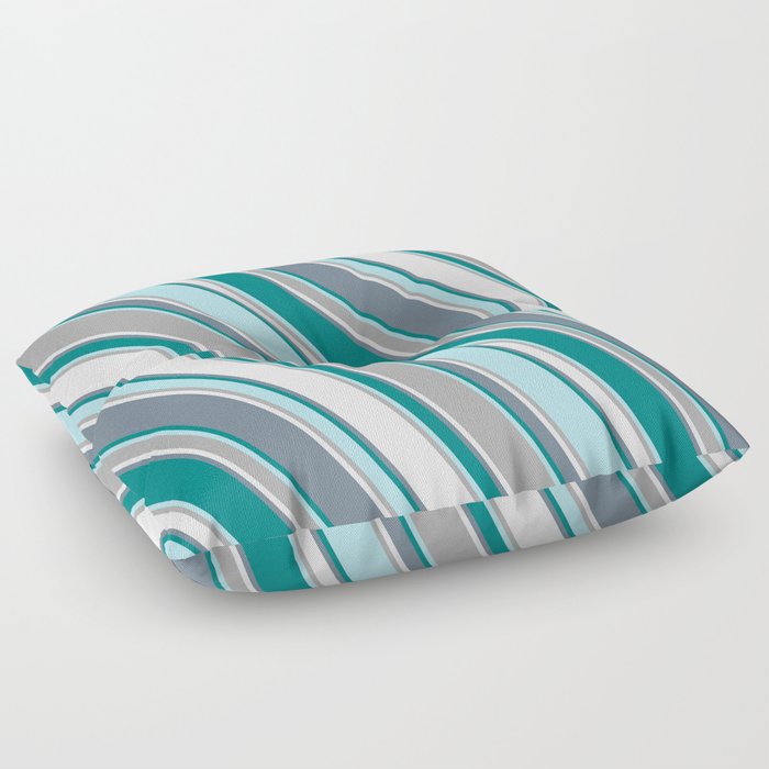 Slate Gray, Teal, Powder Blue, Dark Grey, and Mint Cream Colored Lines/Stripes Pattern Floor Pillow