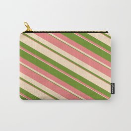 [ Thumbnail: Bisque, Green, and Light Coral Colored Striped/Lined Pattern Carry-All Pouch ]