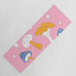 Retro mushrooms and smiles and sparkles. Pink background. Yoga Mat