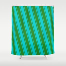 [ Thumbnail: Dark Turquoise and Forest Green Colored Stripes Pattern Shower Curtain ]