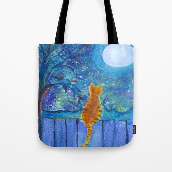 Cat on a fence in the moonlight Tote Bag