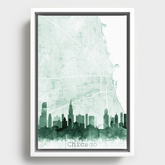 Chicago Skyline & Map Watercolor Sage Green, Print by Zouzounio Art Framed Canvas