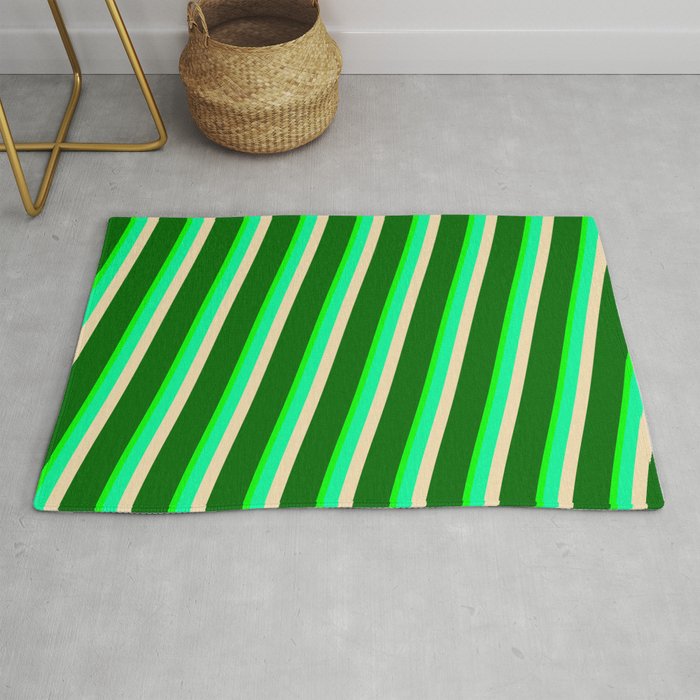 Lime, Green, Tan & Dark Green Colored Striped/Lined Pattern Rug
