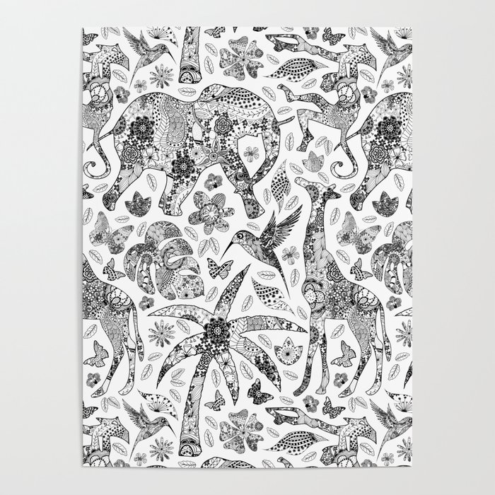 Black N White Line Art Safari Wildlife Poster by LebensARTdesign | Society6