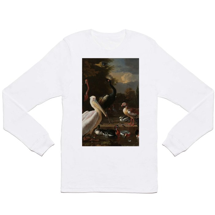 Melchior d'Hondecoeter - A pelican and other fowl at a water basin, known as 'The floating feather' Long Sleeve T Shirt