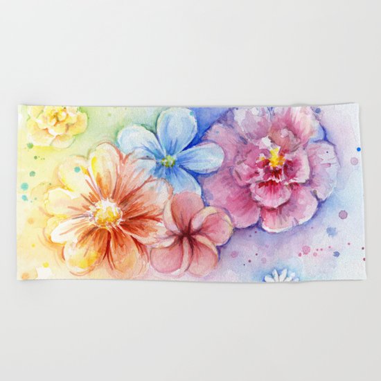 Flowers Watercolor Floral Colorful Rainbow Painting Beach Towel