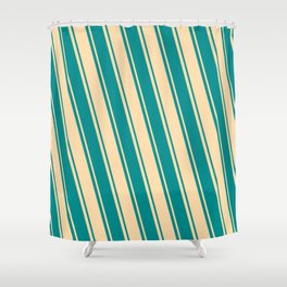 [ Thumbnail: Tan & Dark Cyan Colored Stripes/Lines Pattern Shower Curtain ]
