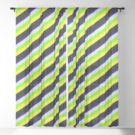 [ Thumbnail: Colorful Blue, Lavender, Green, Yellow, and Black Colored Stripes Pattern Sheer Curtain ]