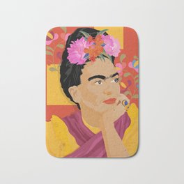 Frida - a colorful mind Bath Mat | Strongwoman, Flowermotives, Portrait, Digital, Embroidery, Frida, Artistportrait, Womenartist, Redcolor, Flowers 