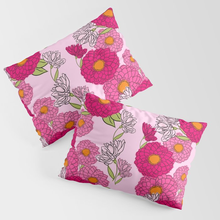 Retro Modern Mums Floral Mid-Century Wallpaper Pastel Pink Pillow Sham