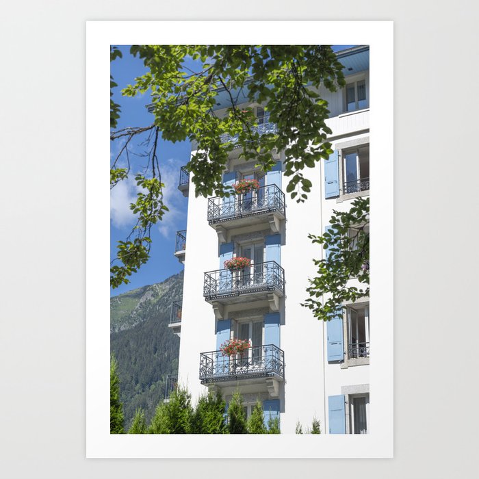 Blue shutters and balconies in Chamonix, France - white street photography - travel photography Art Print