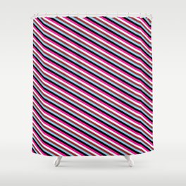 [ Thumbnail: Vibrant Deep Pink, Light Cyan, Brown, Sky Blue, and Black Colored Lines Pattern Shower Curtain ]
