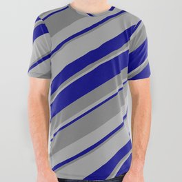 [ Thumbnail: Blue, Gray & Dark Gray Colored Stripes/Lines Pattern All Over Graphic Tee ]