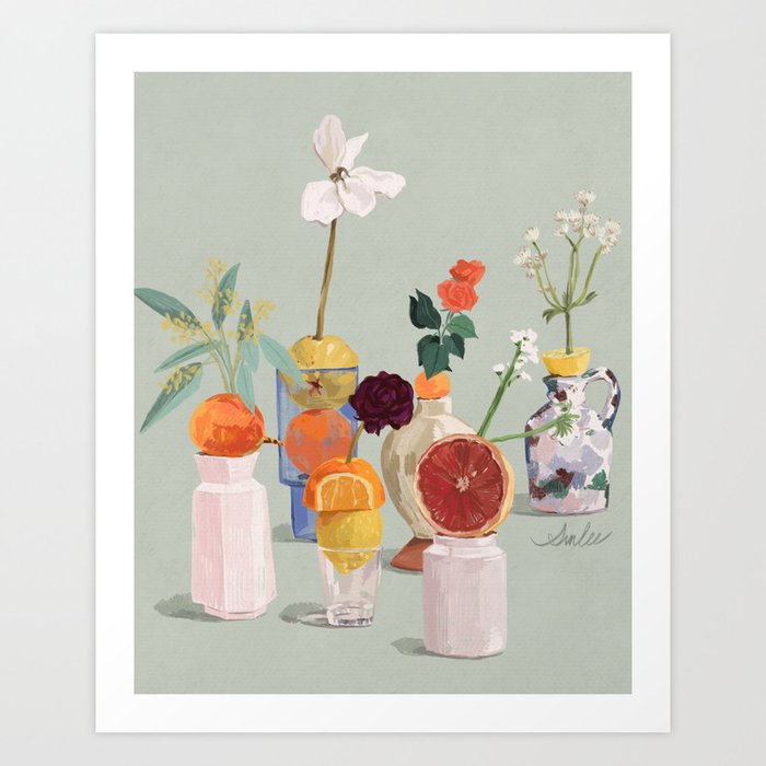 Still Life with Citrus and Flowers Art Print