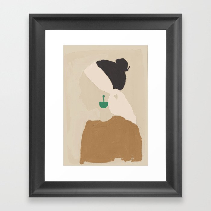 Minimalist Woman with Green Earring Framed Art Print