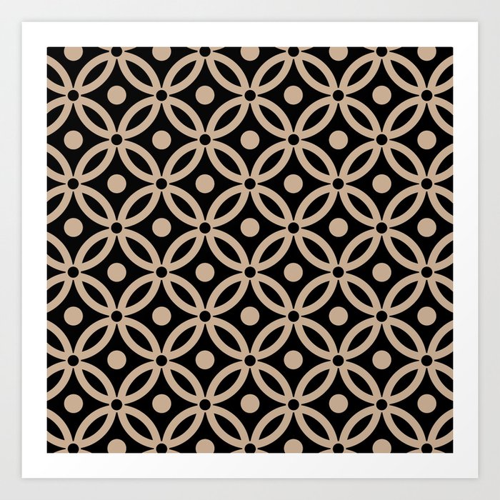 Classic Intertwined Ring and Dot Pattern 624 Black and Tan Art Print