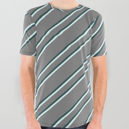 [ Thumbnail: Gray, Dark Slate Gray, and Light Cyan Colored Striped/Lined Pattern All Over Graphic Tee ]