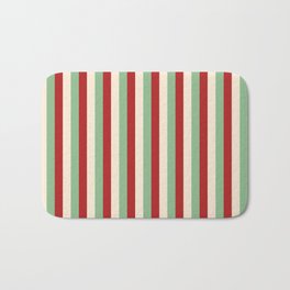 [ Thumbnail: Dark Sea Green, Red, and Beige Colored Striped/Lined Pattern Bath Mat ]
