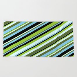 [ Thumbnail: Colorful Green, Light Cyan, Dark Olive Green, Sky Blue & Black Colored Lines/Stripes Pattern Beach Towel ]