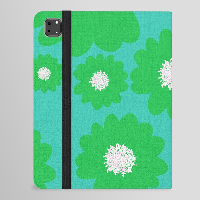 Cheerful Green Retro Modern Flowers On Turquoise iPad Folio Case