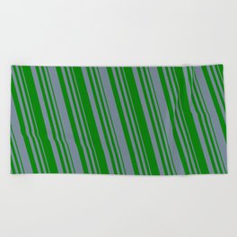 [ Thumbnail: Light Slate Gray and Green Colored Lined Pattern Beach Towel ]