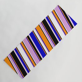 [ Thumbnail: Eye-catching Plum, Blue, Dark Orange, Black & White Colored Stripes/Lines Pattern Yoga Mat ]