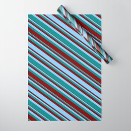 [ Thumbnail: Light Sky Blue, Dark Cyan & Maroon Colored Lined Pattern Wrapping Paper ]