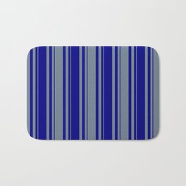 [ Thumbnail: Slate Gray and Blue Colored Lined Pattern Bath Mat ]