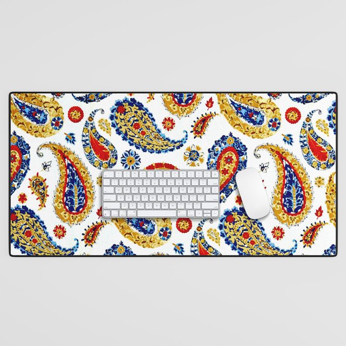 Blue Red Gold Paisley Floral Desk Mat