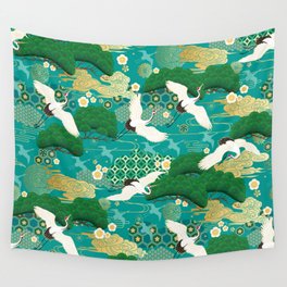 Japanese Flying Crane Aqua Mint Forest Pattern Wall Tapestry