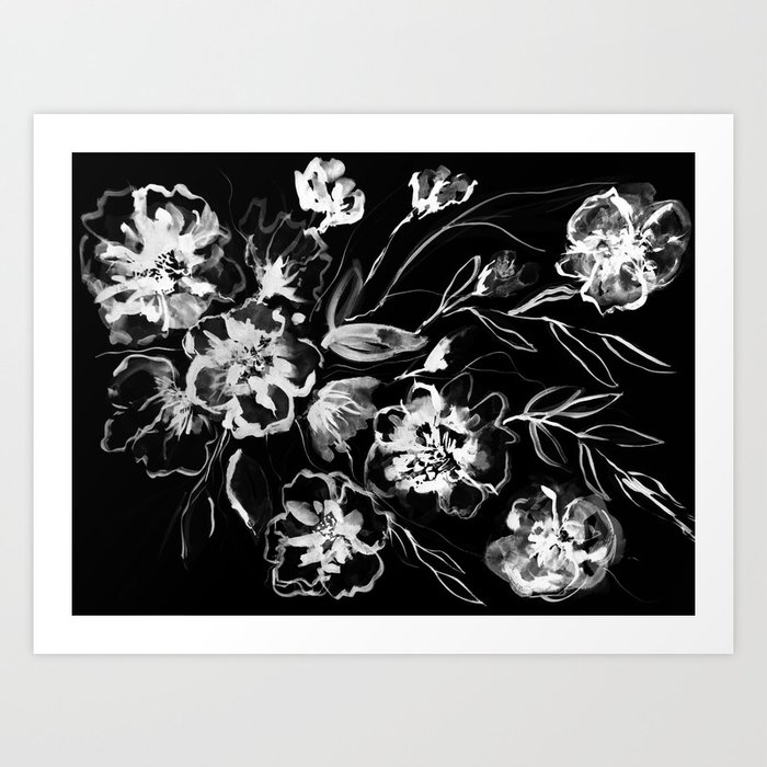 Boldly White Painted Ink Flowers On Black Background Art Print