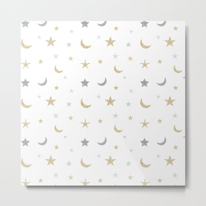 Gold and silver moon and star pattern Metal Print
