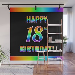 [ Thumbnail: Fun, Colorful, Rainbow Spectrum “HAPPY 18th BIRTHDAY!” Wall Mural ]