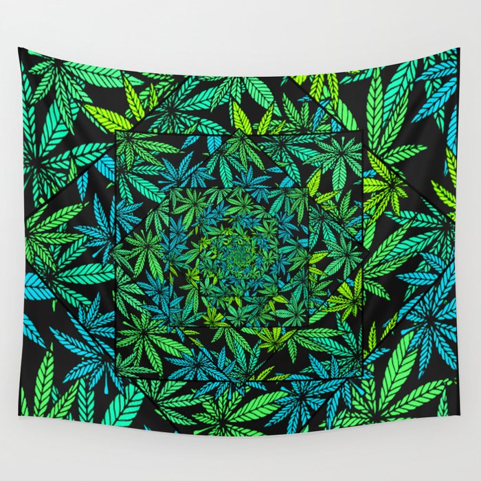 Turqoise Marijuana Pot Leaf Swirl Kaleidoscope Wall Tapestry