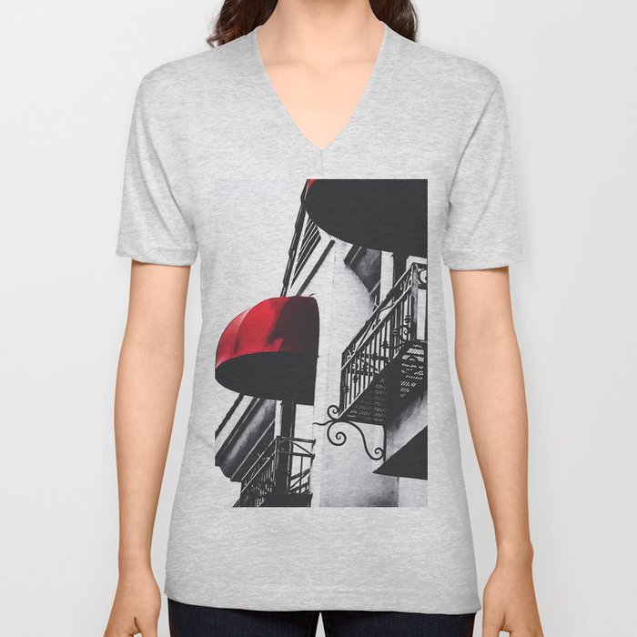 building with porch and red awning in the city V Neck T Shirt