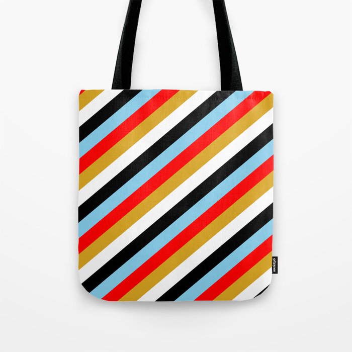 Sky Blue, Red, Goldenrod, White & Black Colored Lines/Stripes Pattern Tote Bag