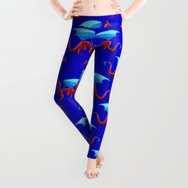 Beautiful powerful dangerous vicious red dragon with blue wings seamless midnight blue pattern. Leggings