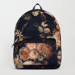 Antique Botanical Peach Roses And Chamomile Midnight Garden Backpack | Painting, Bohemian, Exotic, Pattern, Springflowers, Vintage, Midnight, Antique, Rose, Roses 