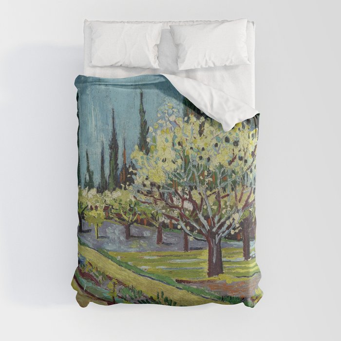 Impressionist Painting Orchard Bordered by Cypresses (1888) by Vincent Van Gogh Duvet Cover