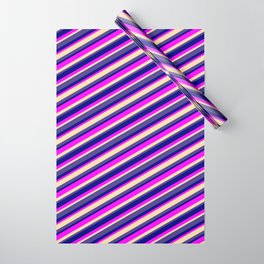 [ Thumbnail: Fuchsia, Tan, Dark Slate Blue, and Blue Colored Stripes/Lines Pattern Wrapping Paper ]