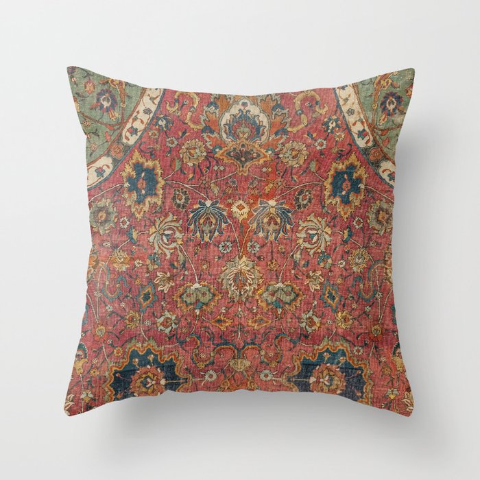 Persian Medallion Rug IV // 16th Century Distressed Red Green Blue Flowery Colorful Ornate Pattern Throw Pillow