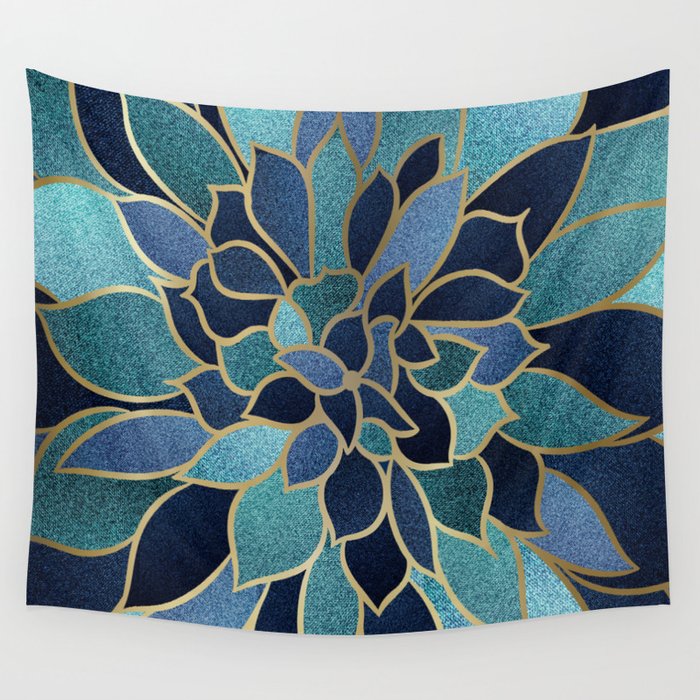 Festive, Floral Prints, Navy Blue, Teal and Gold Wall Tapestry