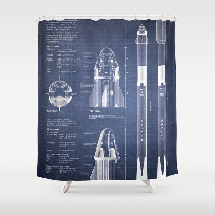NASA SpaceX Crew Dragon Spacecraft & Falcon 9 Rocket Blueprint in High Resolution (dark blue) Shower Curtain