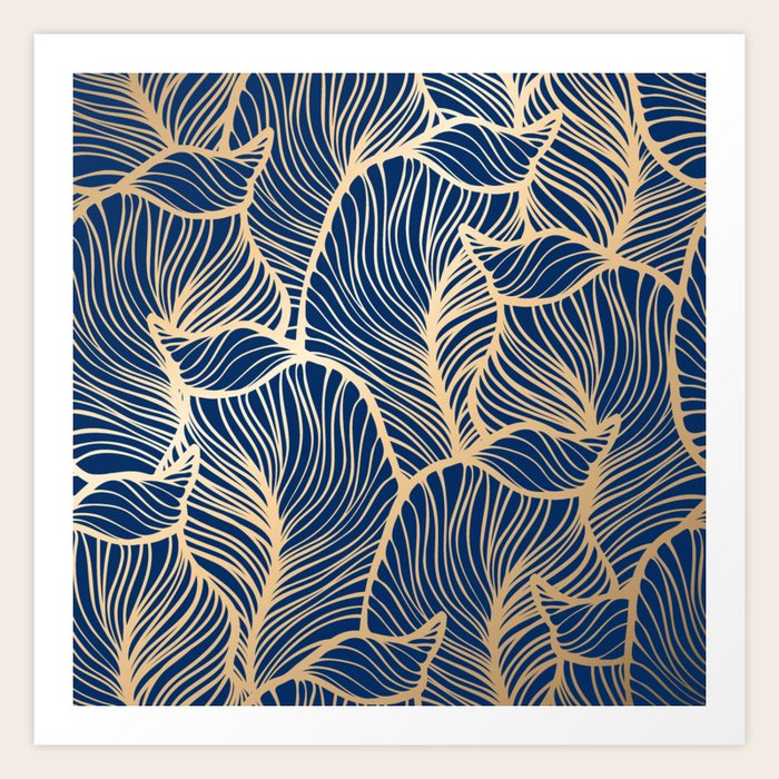 Gold Luxury Leaves Floral Royal Seamless Pattern on Navy Blue