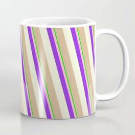 [ Thumbnail: Eye-catching Lime, Light Pink, Purple, Beige & Tan Colored Stripes Pattern Coffee Mug ]