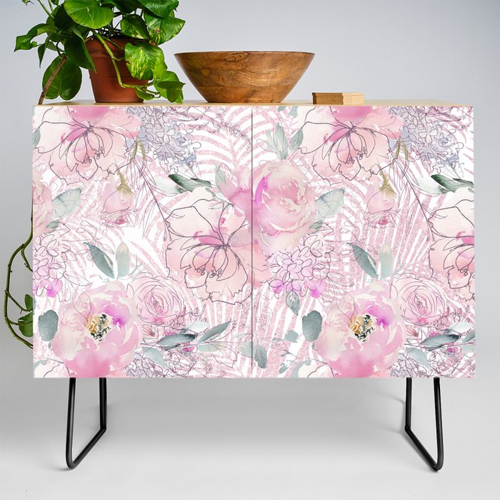 Pastel pink coral ivory flowers palm tree glitter floral Credenza